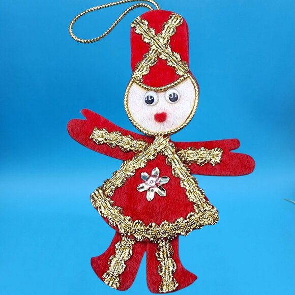 Vintage Red Felt Toy Soldier Ornaments w/ Googly Eyes & Gold Trim 1960s v1 - Picture 4 of 10